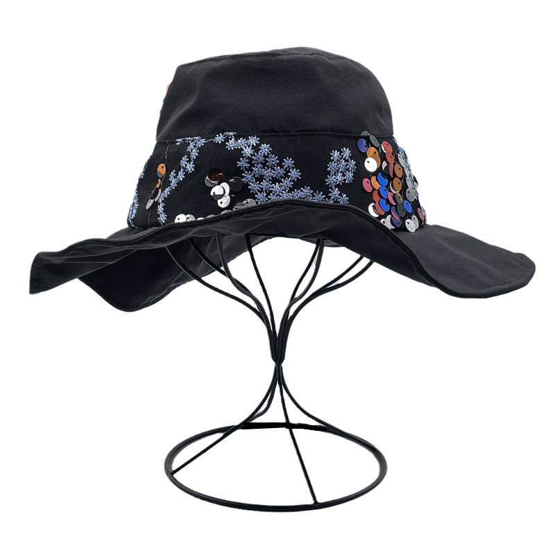 

Wide Brim Hats 2021 Stylish Bling Sequin Black Bucket For Women Fisherman Cap Outdoor Shiny Dance Party Hat