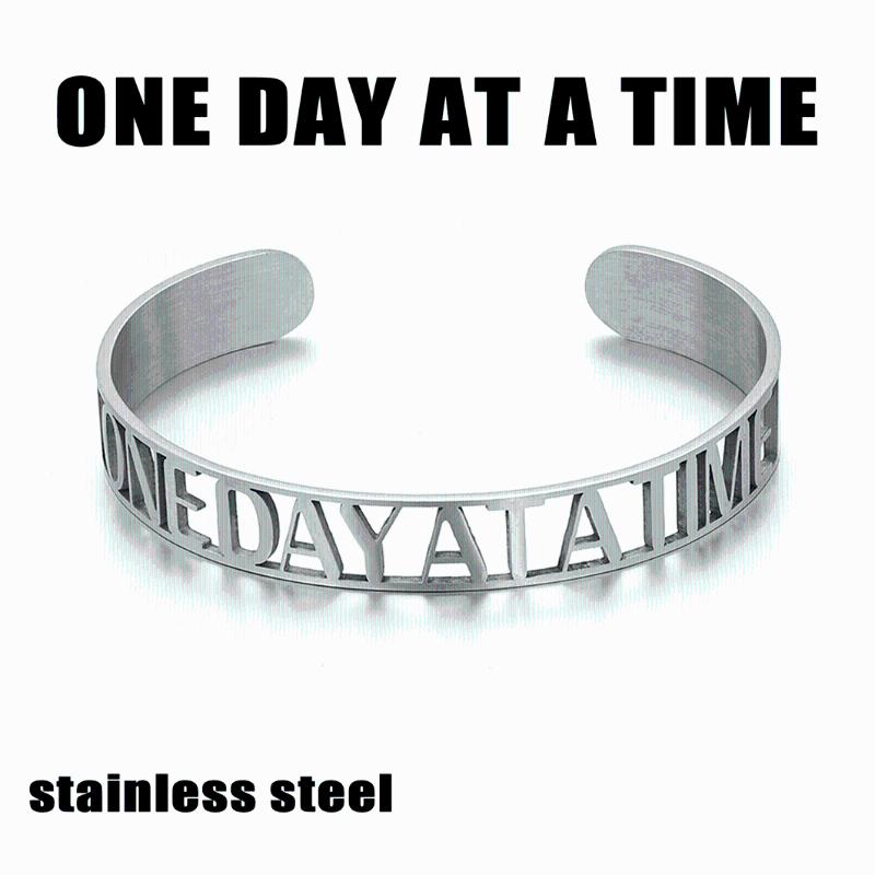 

Silver Color Stainless Steel Open & Bangle Letter ONE DAY AT A TIME For Women Men Adjustable Jewelry Gift
