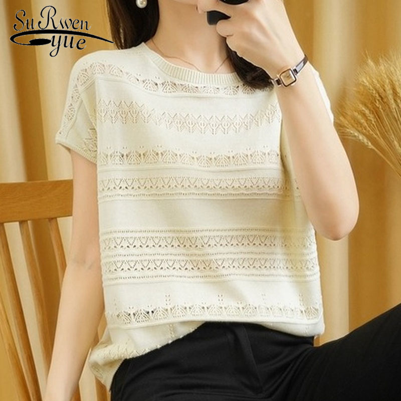 

Cotton Summer T-shirt Women Round Neck Pullover Knitwear Clothing Plus Size Casual Sweater Short Sleeve Tees 14642 210518, Royal blue