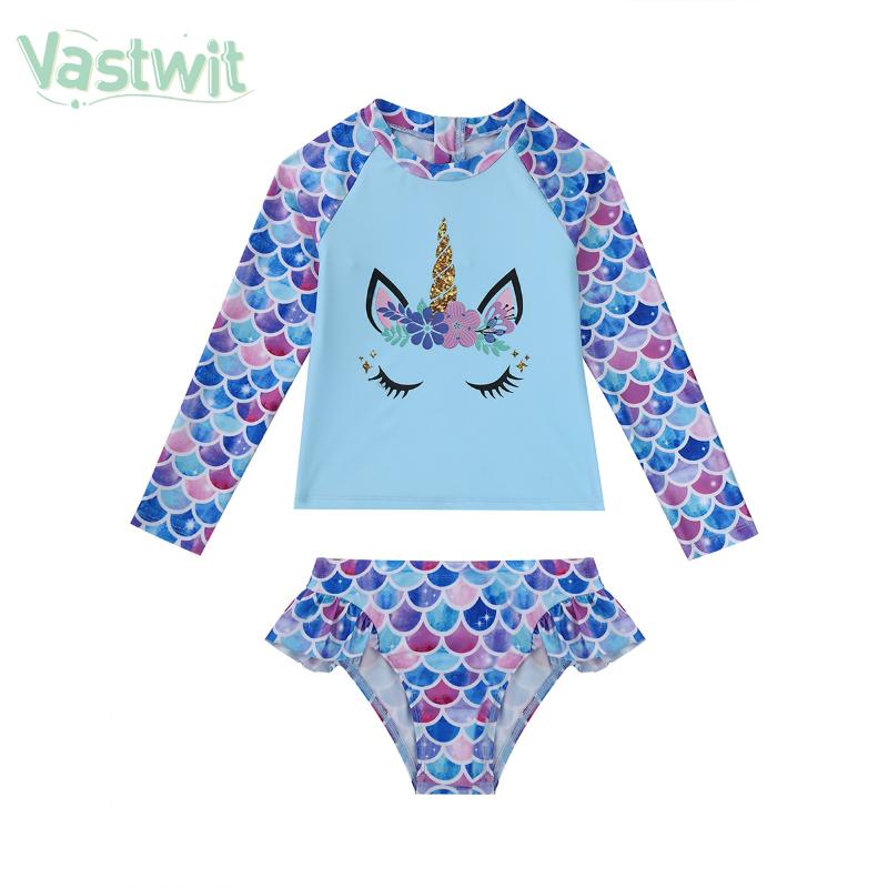 

One-Pieces Kids Girls Rash Guard Swimwear Long Sleeve Rashguard Surf Top Fish Scales Print Two Pieces Swimsuit UV Protection Bathing Suit, Black