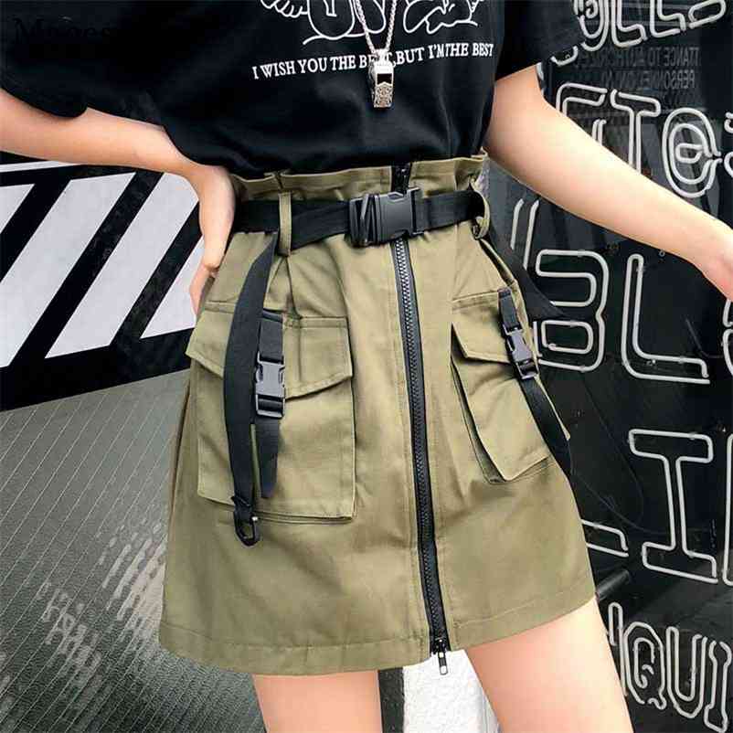

Pockets Skirt Sashes Ladies Short Tool Women'  Summer A Line Zipper Harajuku Mini with Belt 9780 210518, Black