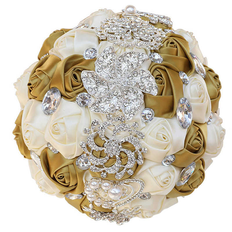 

21cm Large Brooch Bouquet Gold Series Bride Bridesmaid Wedding Bouquets Wedding Props Crystal Silk Roses B08 X0726