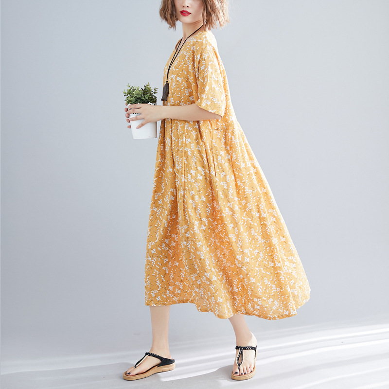 

Johnature Casual Long Dress Loose Print Short Mid-calf Summer Dress Regular Natural O-neck Cotton Women Dress 210521, Yellow