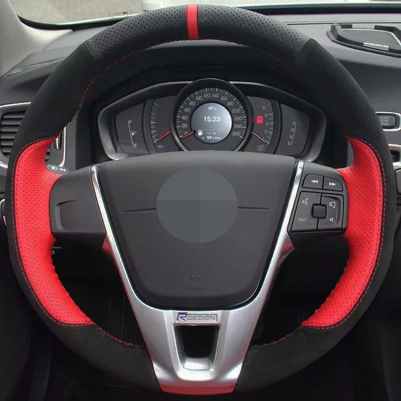 

Steering Wheel Cover Non-Slip Hand-Stitched Car Steering Wheel Covers Black Genuine Leather Suede For Volvo S60 V40 V60 XC60