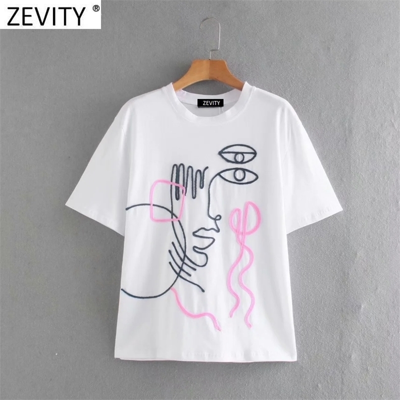 

Zevity Women Basic O Neck Short Sleeve Casual Slim T-shirt Female Abstract Girl Appliques Chic Knit Summer Tops LS9081 210720, As pic ls9081lyz