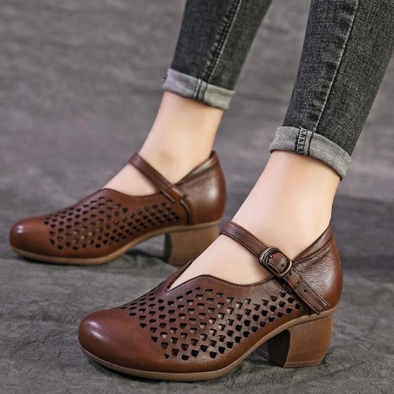 

Dress Shoes Fashion Party Women Pumps 2021 Autumn Med Heels Single Genuine Leather Handmade Retro Mother Woman Hollow Sandals, Brown