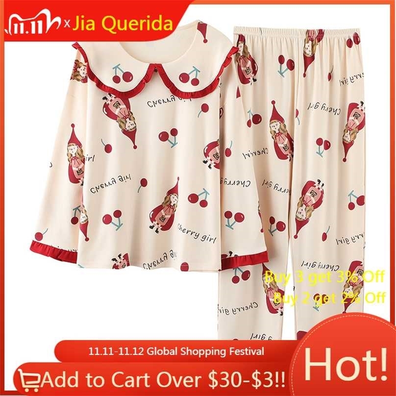 

Big 3XL 4XL 5XL Plus Size Cotton Lingere Homewear Long Sleeve Pullover Pajama for Women Lounge Wear Cherry Printed Sleepwear 211106, As shown