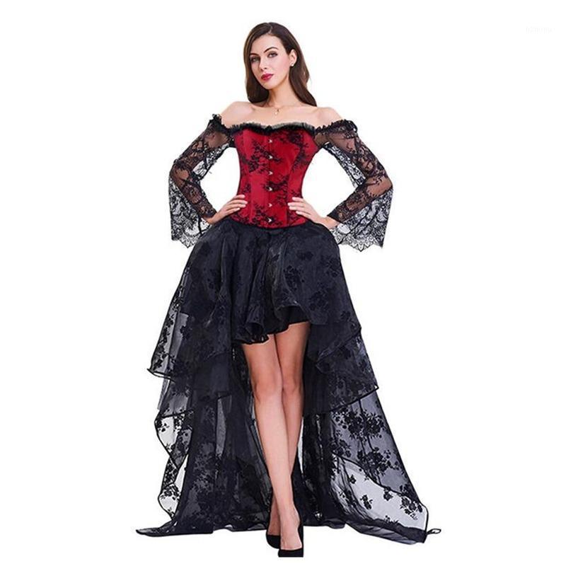 

Bustiers & Corsets Black Corset Skirt Organza Flocking Sexy Womens Front Short Back Floor Lenth Lace