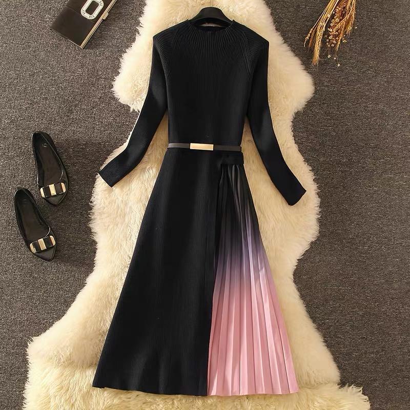 

Casual Dresses Fall 2021 Women' Knitted Patchwork Dress Fashion Gradient Pink Pleated Mid-length Skirt With Belt Vestidos De Fiesta, Black