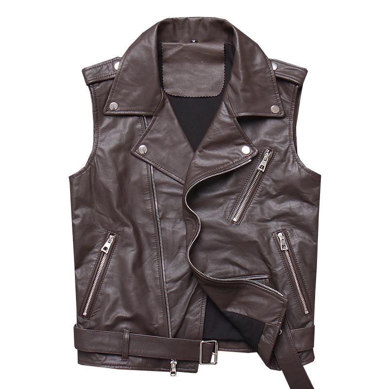 

Men' Leather & Faux Real Womens Vest Brown Waistcoat Biker Motorcycle Sleeveless Jacket Vintage Short Style Punk Rock Sheepskin Coat