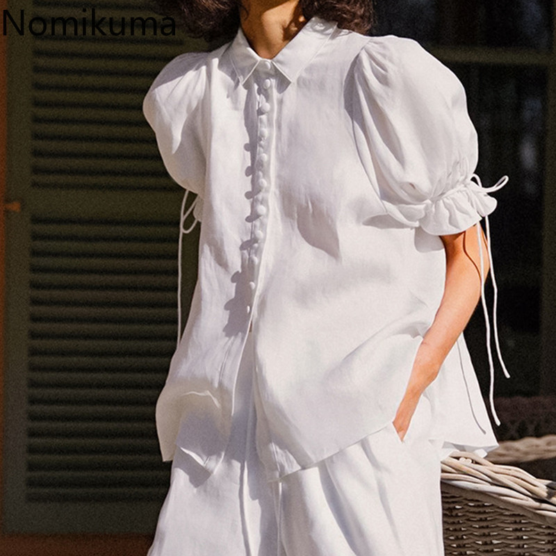 Nomikuma Cotton Linen Sweet Women-blouses Bow Tie Puff Short Sleeve Doll Shirt Spring Summer New Causal Blusas Mujer 6F840 210427
