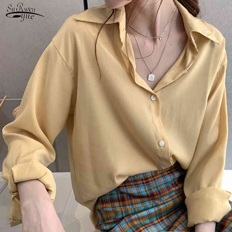 

Spring and Autumn Korean Style Loose Women Blouse Office Plus Size Solid Cardigan Shirts Women Blusas Mujer De Moda 9985 210518, Black