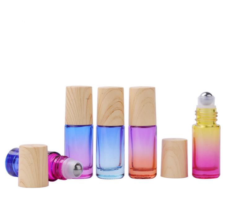 

500pcs/lot 5ML Gradient Color Roll-On Perfume Essential Oil Bottle Steel Metal Roller Ball Bottles with Wood Looks Plastic Cap SN4357