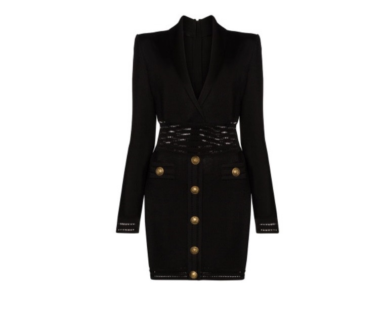 

Distinctive style Top Quality Original Design Women' Hollow Dress Metal Buckles Sexy Deep V Long Sleeve Slim Fit Pack hip Knitting Evening Dresses, Black
