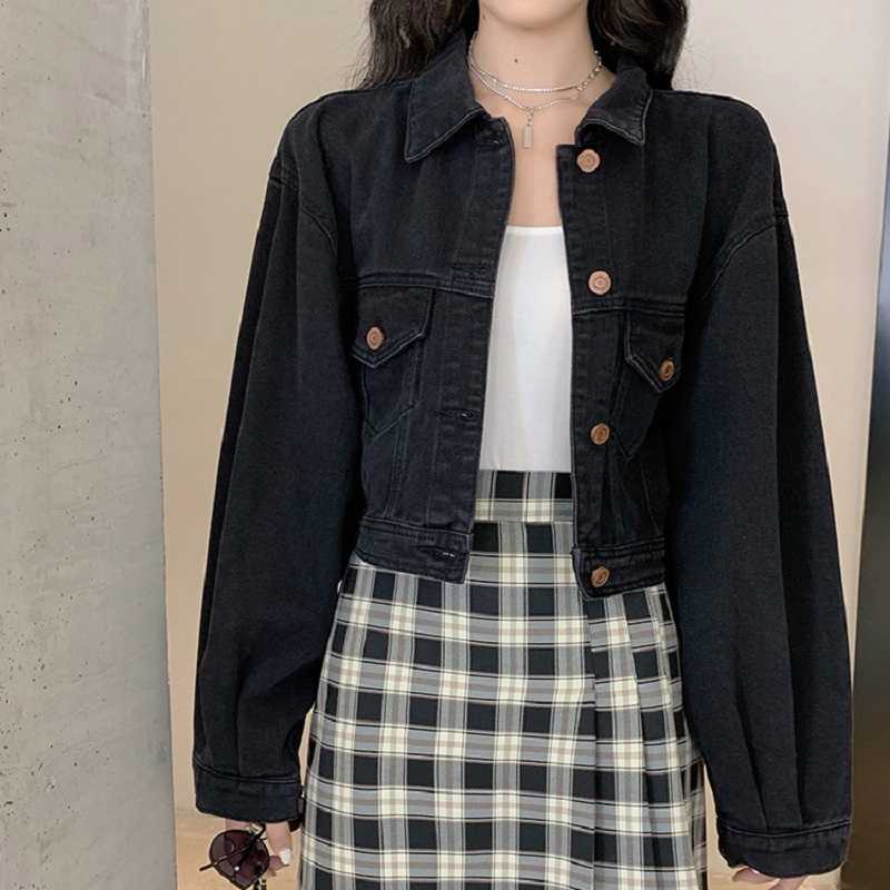

Autumn Korean chic Harajuku vintage BF long-sleeved women' jacket short polo collar loose women fashion denim 210608, Black