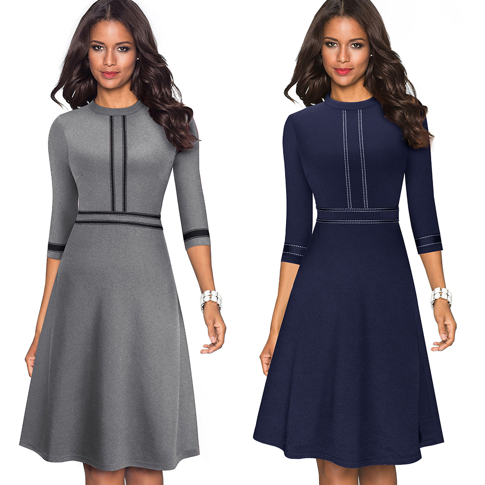 

2021nice-forever vintage elegant patchwork round neck pinup female vestidos business party flare a-line retro women dress a135, Black;gray