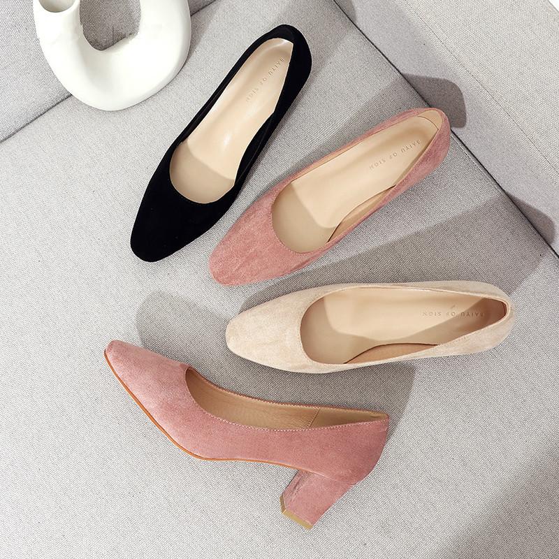 

Office Lady Career High Heels Shoes Woman 2021 Solid Faux Suede Flock Square Classic Wedding Sandals Pumps Dress, Black