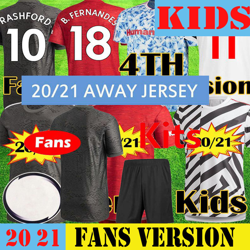 

kids kit Manchester 2021 soccer jerseys CAVANI VAN DE BEEK B. FERNANDES RASHFORD HUMANRACE fourth 20 21 football shirt, Black;yellow