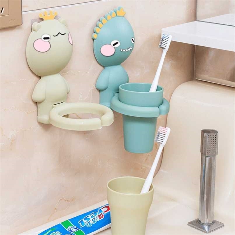 Children Toothbrush Cup Holder Baby Wall-mounted Shelf Mouthwash Cup Cartoon Cute Toothbrushing Cup Wash Set 211027-image-735566752