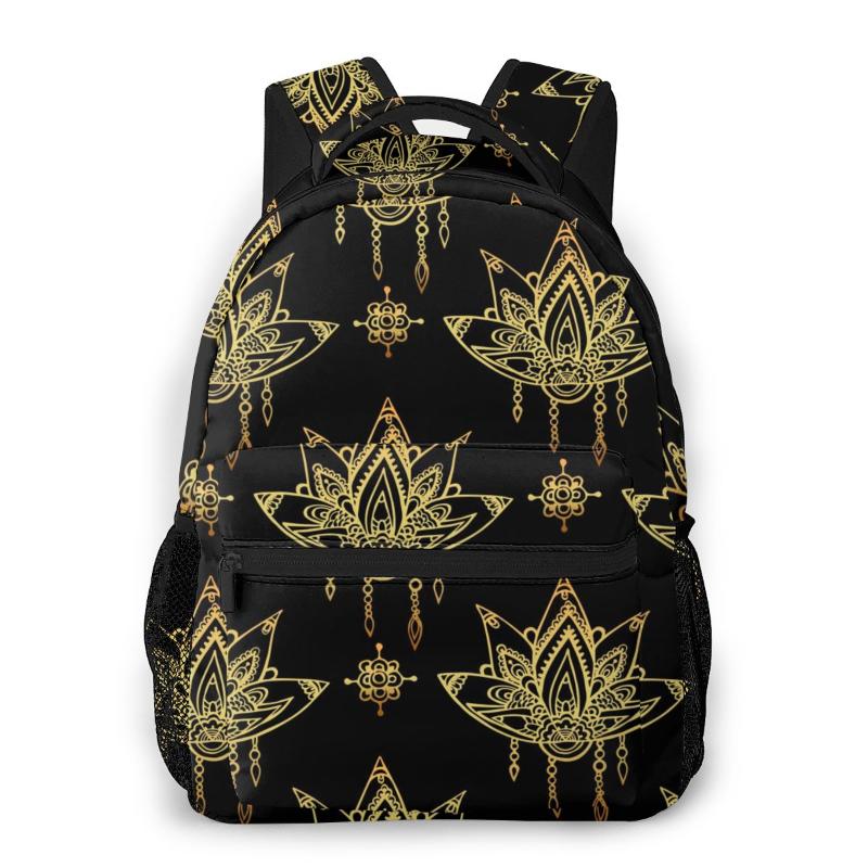 

Backpack 2021 Gold Lotus And Flowers Mandalas School Bag Men Backbag Travel Daypacks Male Leisure Women Gril, Black