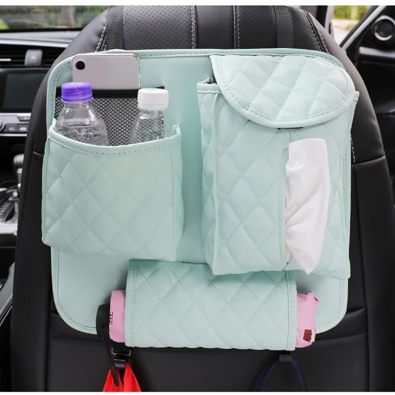 

Car Organizer 594E Seat Back Protector Leather Tissue Box Storage With Multiple Pockets For Children Baby