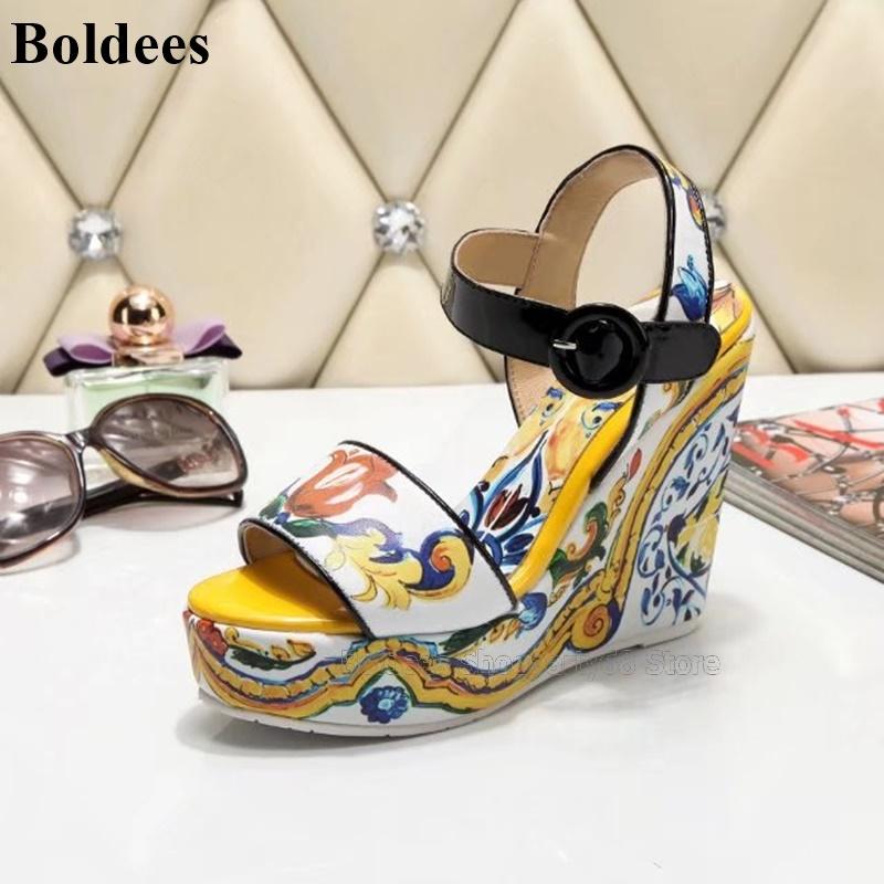 

Sexy Super High Heel Wedges Women Platform Sandals One Belt Designer Open Toe Mixed Color Flower Printed Ankle Wrap Summer Shoe, Black