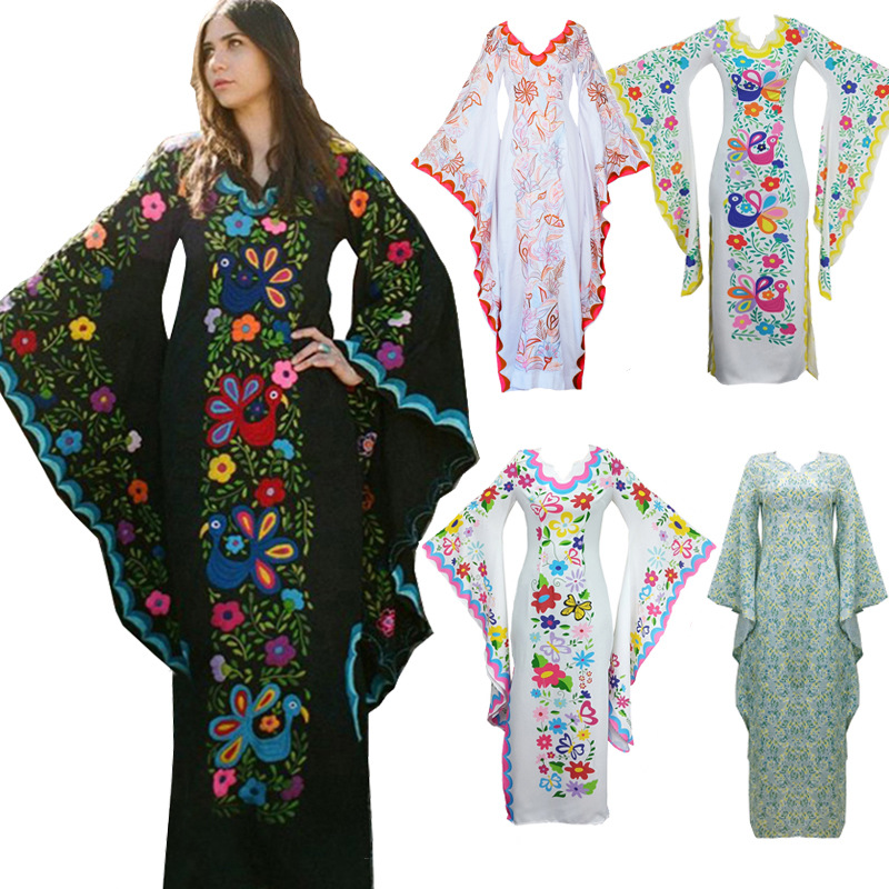 

Women Mexican Print Dress Bohemian Maxi Floral Vintage, Black