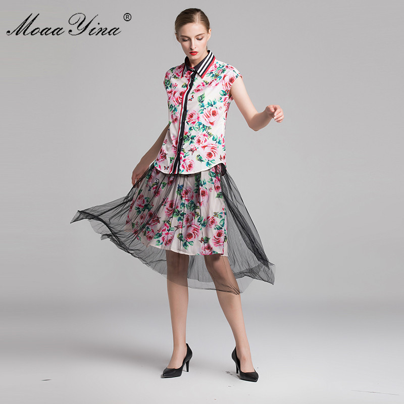 

Fashion Designer Runway Set Spring Women Rose Print Casual Holiday Elegant Shirt+Mesh Half skirt Two-piece suit 210524, Multi