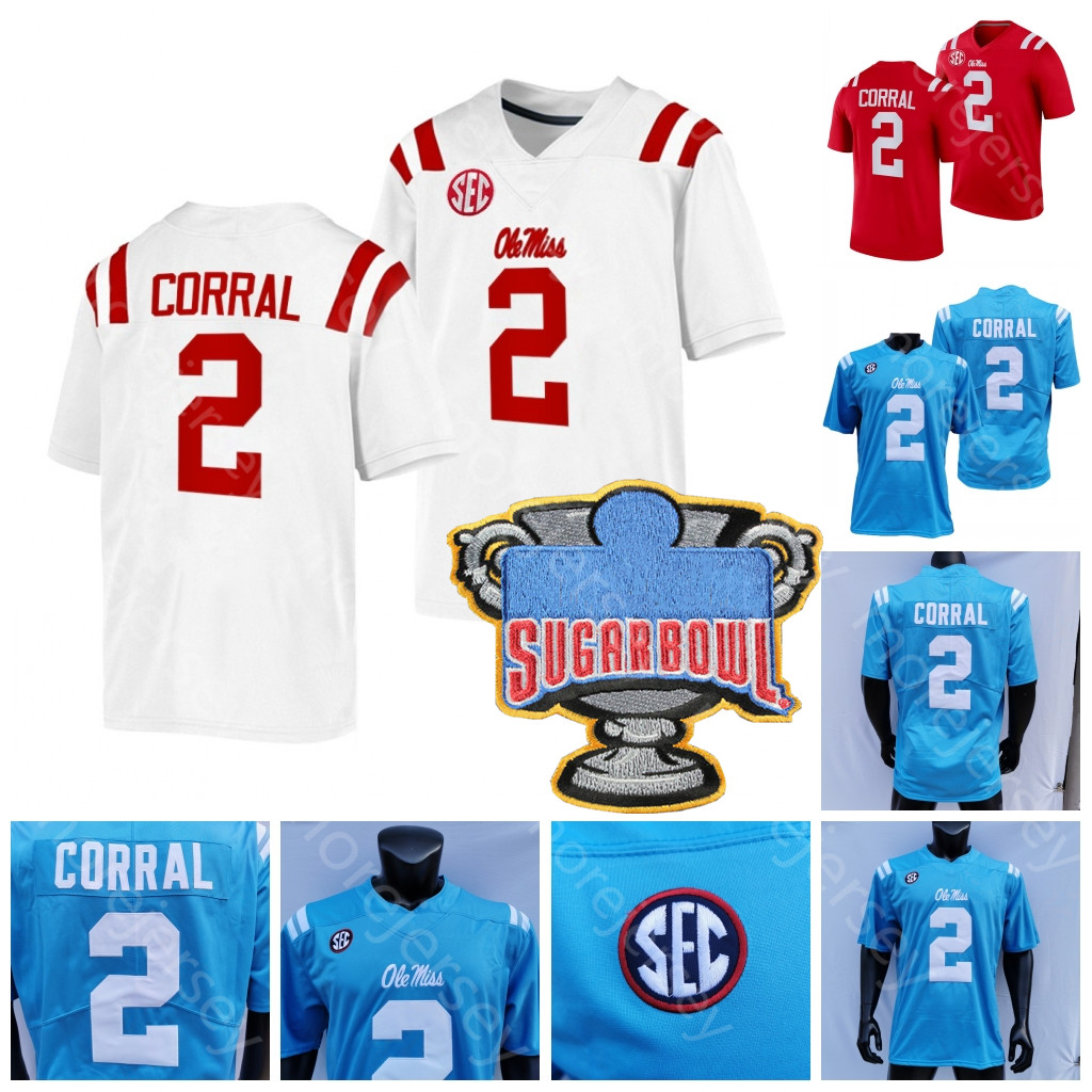 

NCAA College Ole Miss Rebels Football Jersey Matt Corral Sugar Bowl Patch Red Baby Blue White Size S-3XL All Stitched Embroidery, As pic
