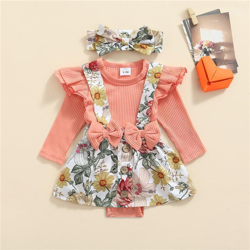 

Clothing Sets Baby Girl Romper Fake-2-Piece Long Sleeve Round Neck Ruffle Floral Print Bowknot Jumpsuit For Casual Party Street1, Pink