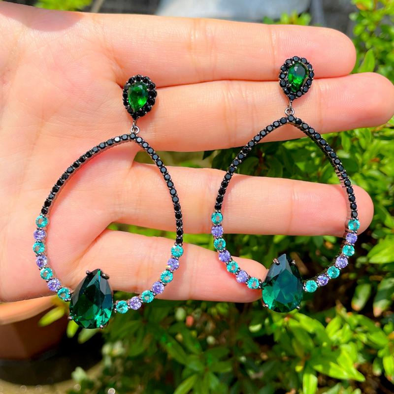 

Dangle & Chandelier ThreeGraces Luxury Black Green CZ Crystal Long Big Hanging Round Party Earrings For Women Trendy Boho Style Jewelry ER63, Silver