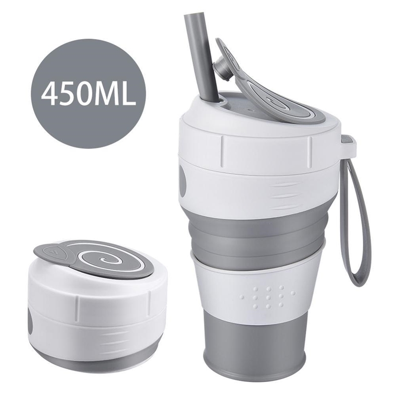 

450mL Silicone Collapsible Coffee Cup With Straw Leak-proof Lid For Travel Hiking Picnic Food Grade BPA FREE Foldable Coffee Mug 210409, Yellow