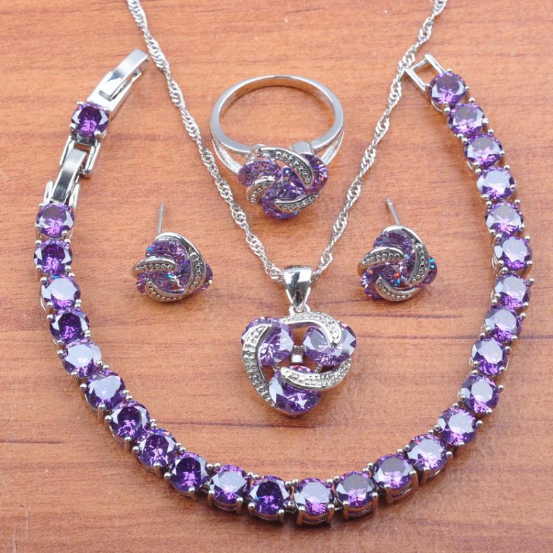 

Earrings & Necklace Russian Style Gift Natural Purple Crystal Jewelry Set For Women Bracelet Pendant Rings JS0175, As pic