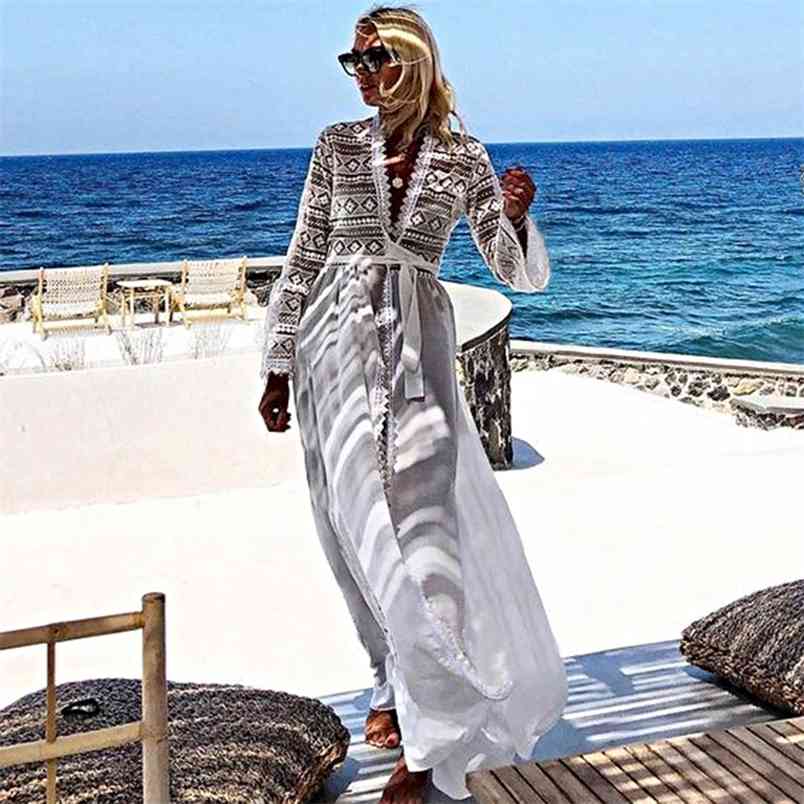 

White Beach Cover Up Geometric Hollow Out Lace Patchwork Sexy Deep V-neck Flared Sleeves Tunic Dress Bathing Suit 210604
