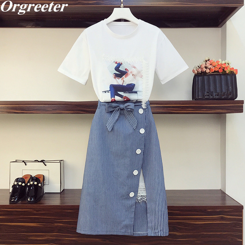 

Summer Casual Sets O-neck Lace Trim Appliques White Tshirt + Patchwork Split Striped Skirts 2 Piece Set Student Suits 210525