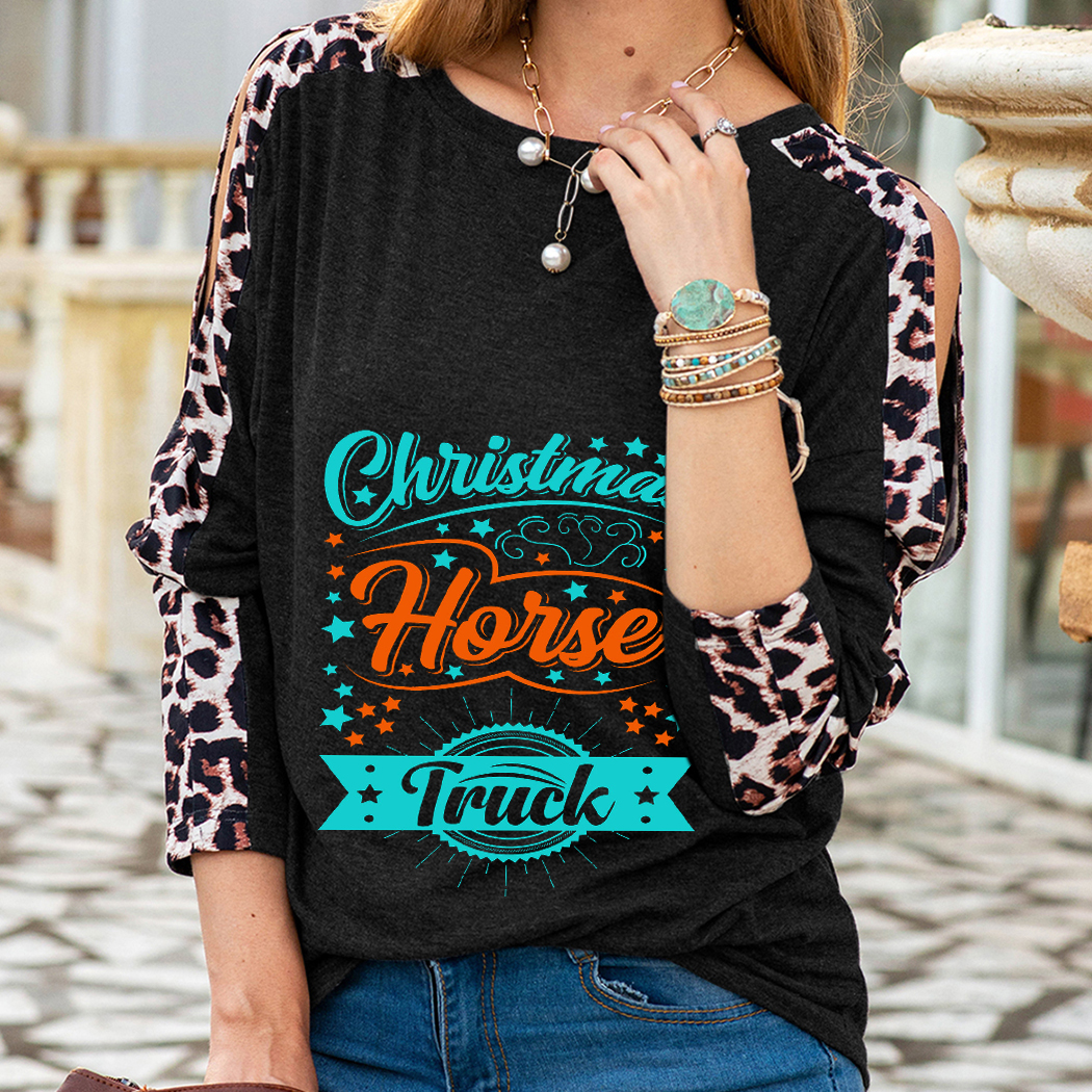 

Women Leopard Crew-neck T-shirt Autumn Long Sleeve Casual Sport Loose Street Wear Pullovers Girls Christmas Pattern English Letters Printing Tees Tops, Black 1
