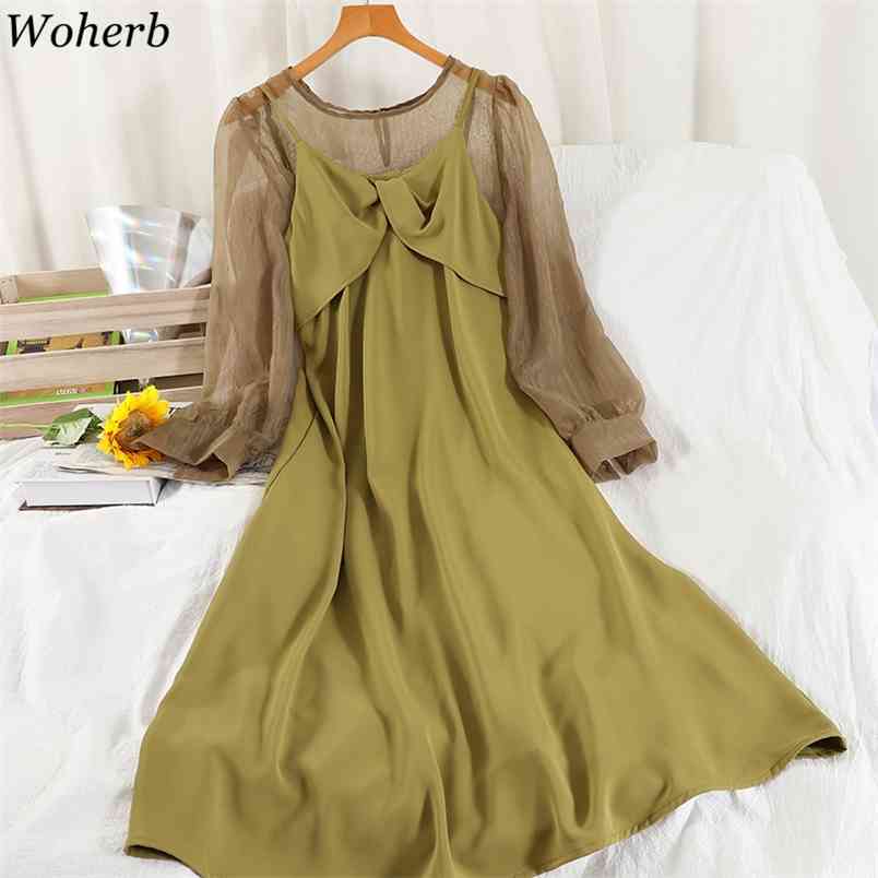 

Women Suit Summer Korean O Neck See Through Shirt High Waist Sling Suspender Dresses Two Piece Sets Female Ropa Mujer 210519, Apricot