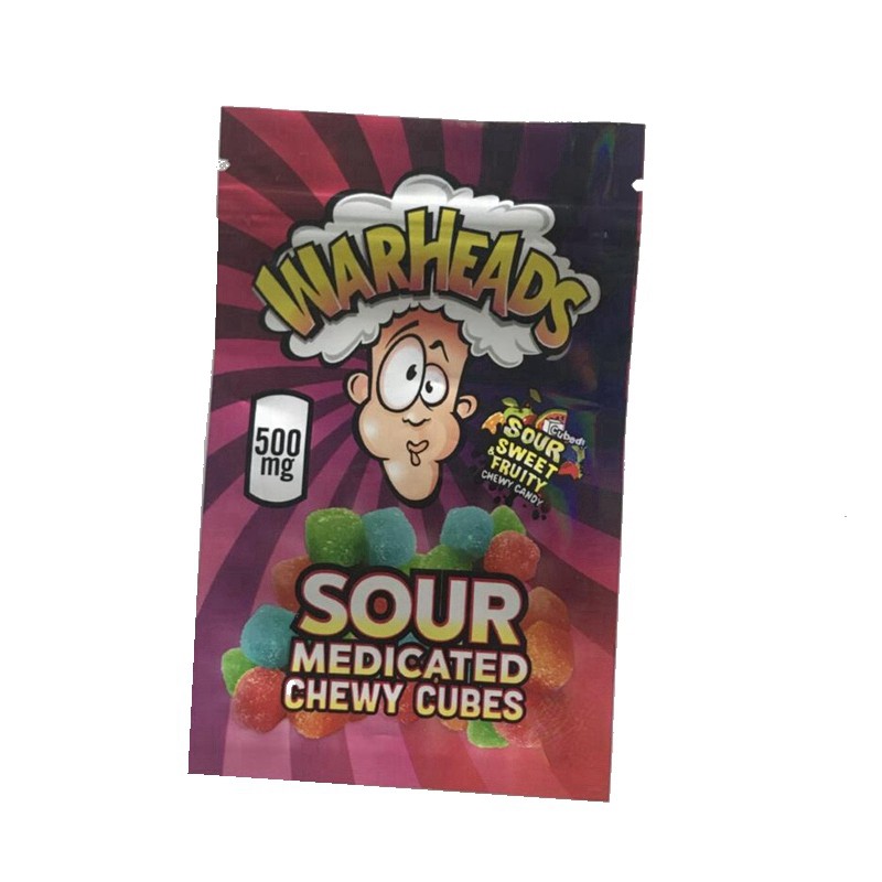 

500mg WARHEADS Bag Hottest Selling Sour Sweet Fruity packaging Medicated Chewy Cubes Edibles Gummies ziplock packing baggies 2 types Wowheads Candy Package Bags
