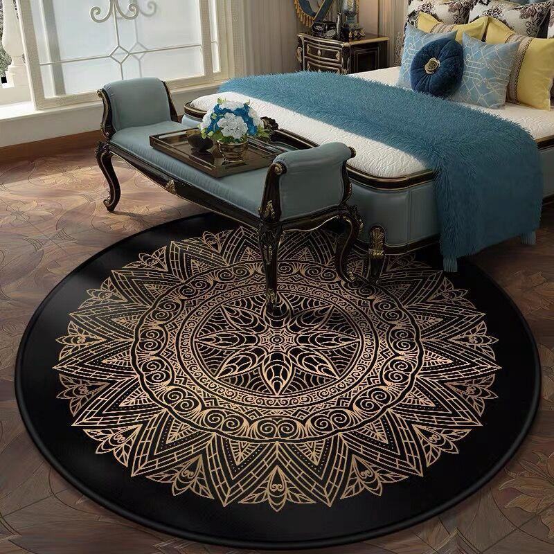 

Carpets Retro Black Golden Round Luxury Morocco Geometric Living Room Sofa Table Area Rugs Bedroom Bedside Non-Slip Floor Mat, Carpet3