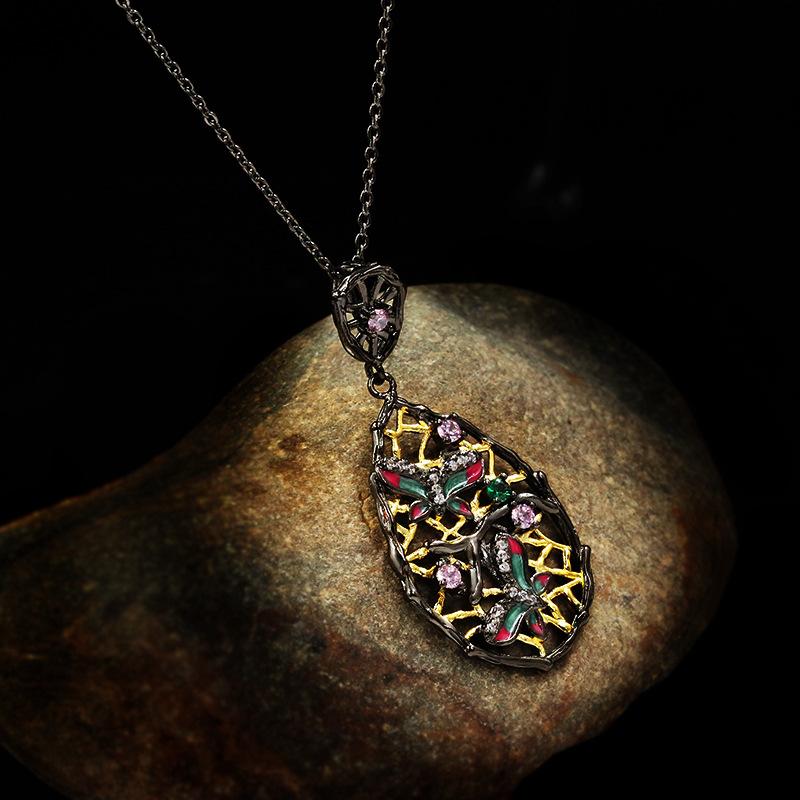 Pendant Necklaces Ajojewel Colorful Bohemian Necklace Retro Ethnic Style Butterfly Design Black Golden With CZ Luxury Gift-image-708595254