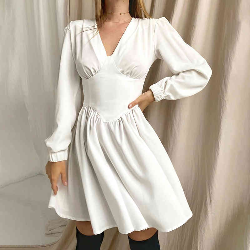 

Spring Arrivals Solid High Waist V-neck Long Sleeve Temperament Streetwear Style Slim Pleated Dress MZ051 210525, Black