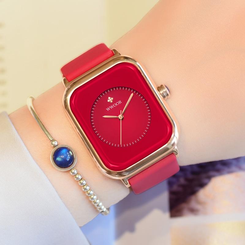

Wristwatches Silicone Watches Women Luxury Top Brand WWOOR Square Quartz Wrist Watch Fashion Causal Dress Ladies Clock Relogio Feminino, Red