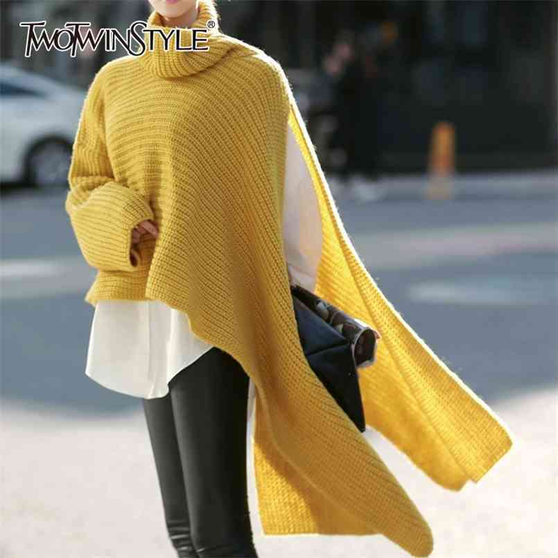 

Loose Irregular Hem Sweater For Women Turtleneck Long Sleeve Casual Knitted Tops Female Fashion Clothing Spring 210524, Yellow