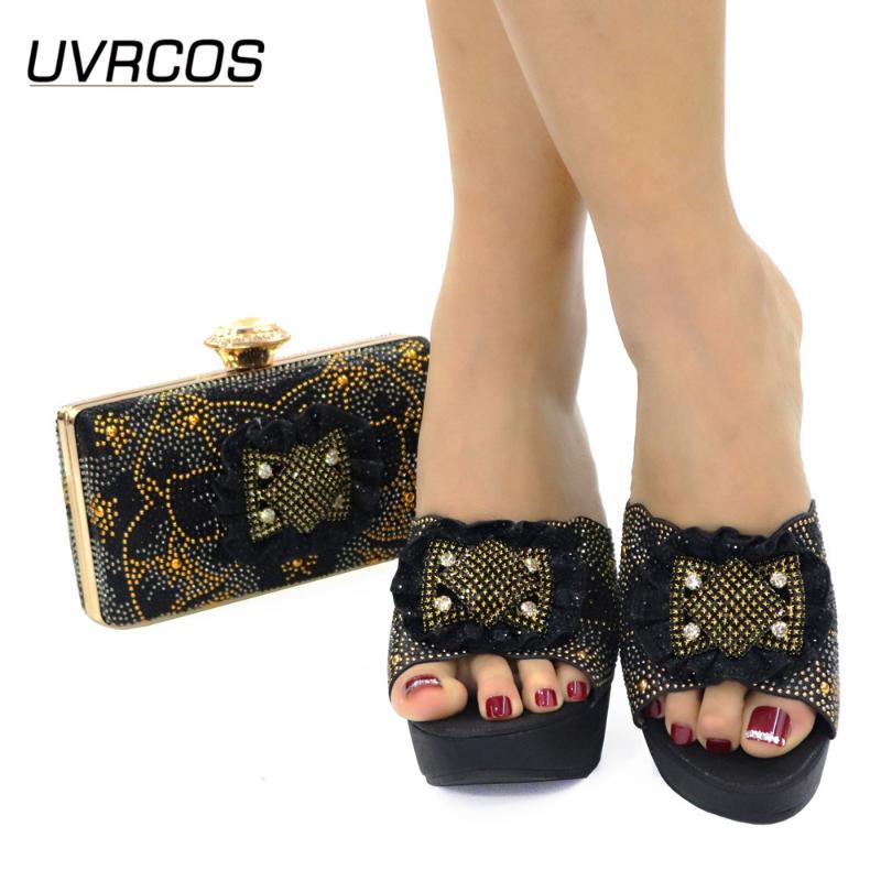 

Dress Shoes Italian Design 2021 Afarican Fashion Summer Slippers Style Crystal Decoration Noble Party Women And Bag Set In Black Color