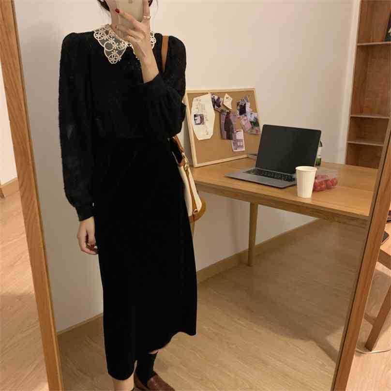 

Retro Lace Black Solid Office Lady Women Feminine Patchwork Sweet Sexy High Waist Slim Dresses Vestidos 210525
