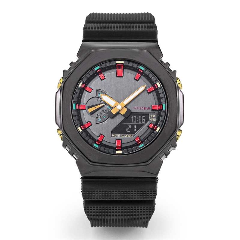 

GM Mens Sports Quartz Digital 2100 Watch Metal Dial Waterproof LED Dual Display World Time PU