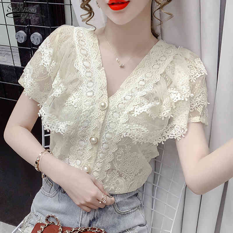 

Summer Short Sleeve V-neck Blouse Sweet Lace Ruffle Stitching Women Tops Crochet Mesh Chiffon Shirt Blusas 14174 210521, Beige