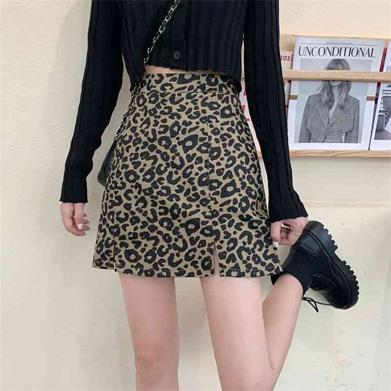 

Spring Korean style high waist slim A-line skirt leopard print short female Hong Kong retro 210520, White