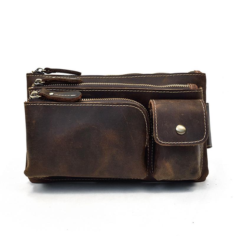 

Waist Bags Men Three-layer Bag Retro Crazy Horse Leather Chest Multifunctional Messenger Cash Register Mobile Phone, Brown