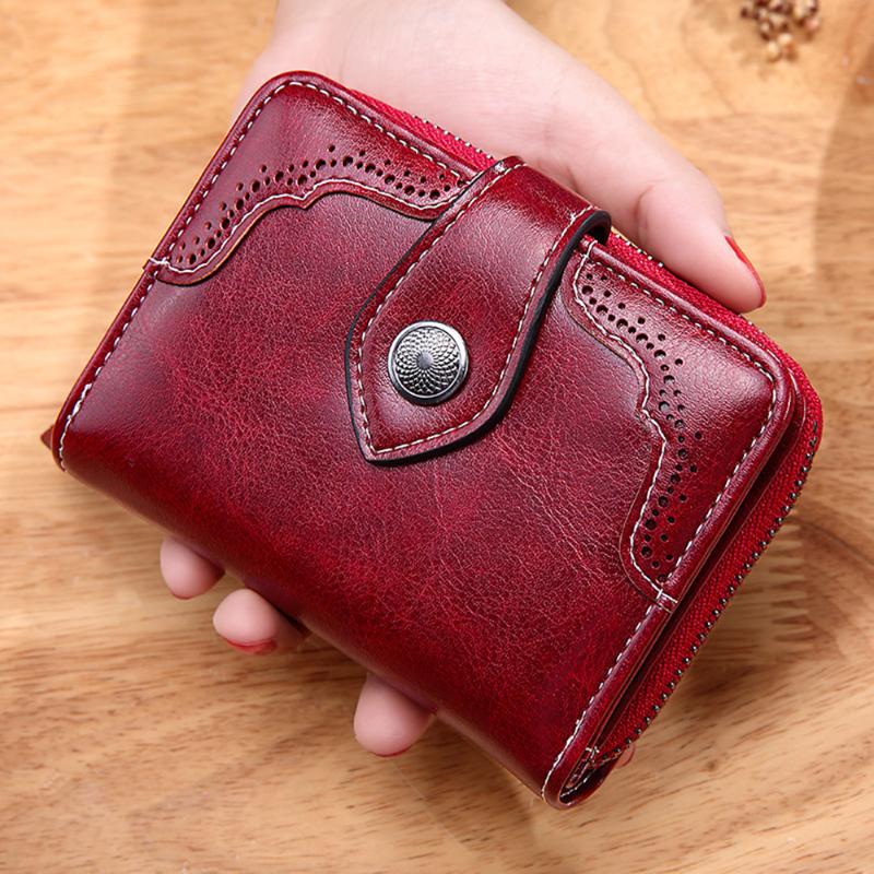 

Wallets Retro Oil Wax Leather Wallet Female Short Zipper Purse High Quality Hasp Credit Bank Business Card Holder Case Clutch Money Bags, Red;black